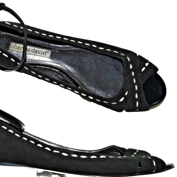 CHARLES DAVID  6 M BLACK SUEDE PEEP TOE ANKLE STRAP FLATS SHOES WALKING COMFORT - Picture 4 of 6